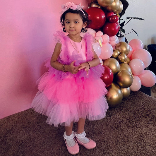 Pink Tutu Baby Girl Dress: V-Neck Wedding Party Dress
